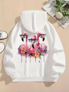 Women's Flamingo Print Thermal Lined  Drawstring Hoodie, Fashion Casual Pocket Hooded Sweatshirt for Daily Holiday Outdoor Wear, Women Clothing for Fall & Winter