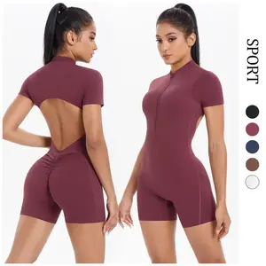 A large open back, short sleeve yoga jumpsuit dance fitness one-piece bodysuit with a nude tight-fitting athletic bodysuit. cute  gym  outfit Stretchable Activewear