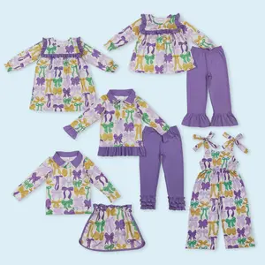 Kids girls Mardi Gras bow design long sleeve outfit