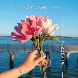 【 Mother's Day Gift 】Loop & Bloom Crochet Hand-Woven Knitted Flowers  6Pcs, Artificial Flowers Suitable for Anniversaries, Lifelike Fake Plant Bouquet Cotton Decorative, Gift for Her, Wife, Mom, Home Decor, Includes Card