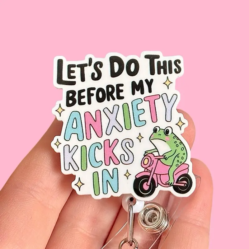 Glitter My Badge Let’s do this before my anxiety kicks in funny frog badge reel for nurse and hospital workers. Badge clip Badge pull - Retractable swivel clip with a 360 rotation. Great gift for coworkers. Handmade US seller!