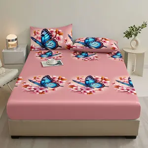 3pcs Butterfly Bed Sheet Set, Soft Comfortable Deep Pocket Bed Skirt, Four-Season Bedding Set with Two Pillowcases, No Pillow Core, Bed Sheets Set