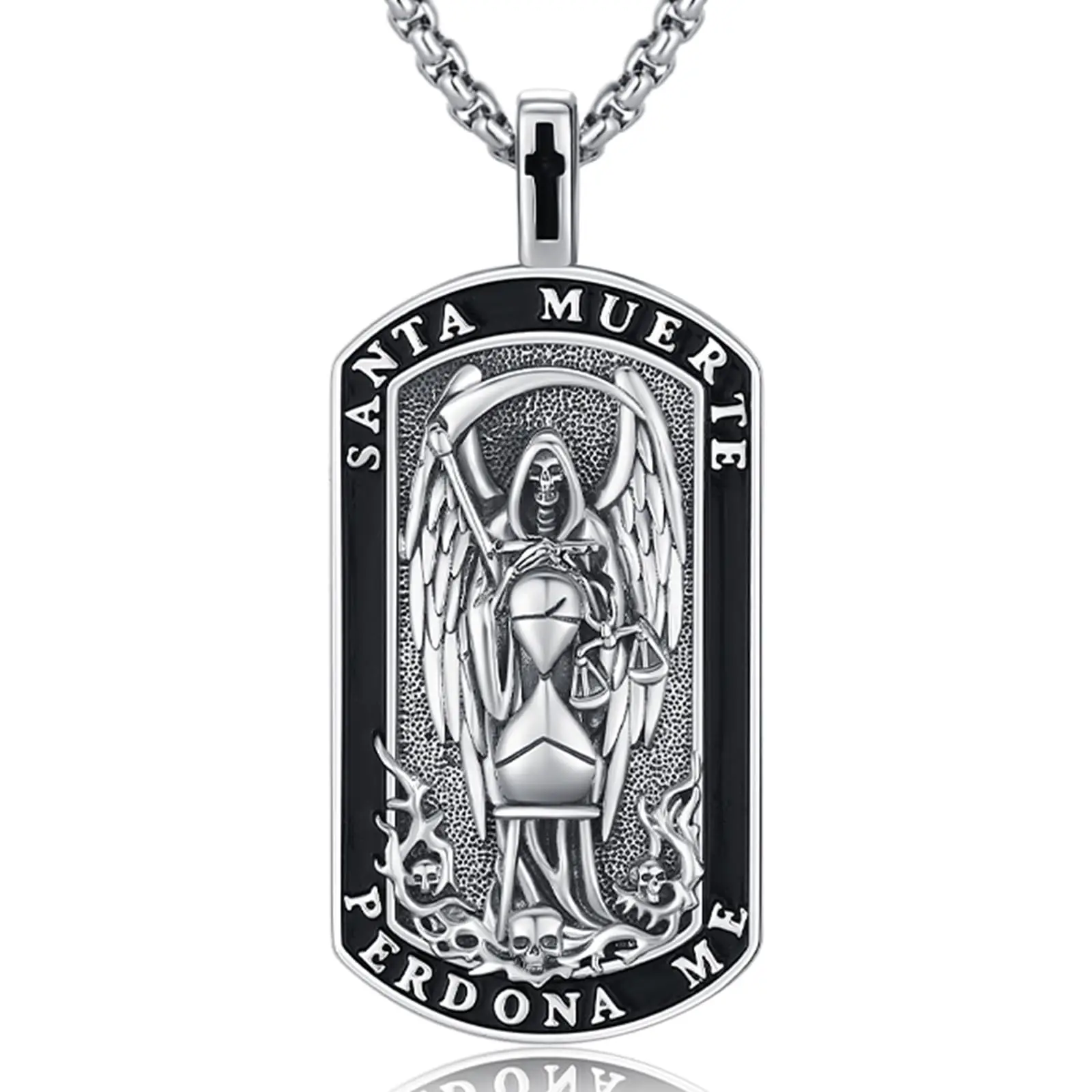 DRINSPER 925 Sterling Silver Santa Muerte Protection Necklace - Saint Death Healing Jewelry with Skeleton Figure Pendant, Healing Necklace, Saint Death Necklace