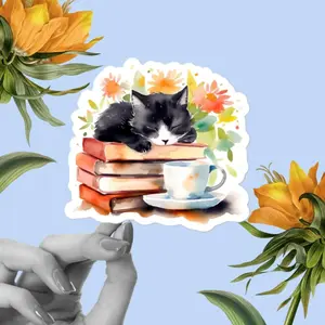 Black Cat Sleeping on Books Sticker Flowers Vinyl Book Lovers Gifts, Kindle Stickers, Reading Stickers, Cat lovers sticker