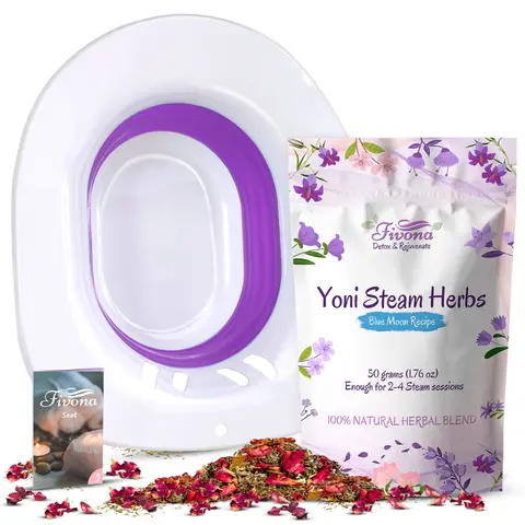 Fivona Women's 2-in-1 Yoni Steam Set for Adults - Gentle Herbal Blend Cleansing Blue Moon Recipe Steaming Herbs, Expandable Universal Fit V-Steam Seat, Multi-Pack Pouch, Soothing Lavender Wormwood Aromatherapy
