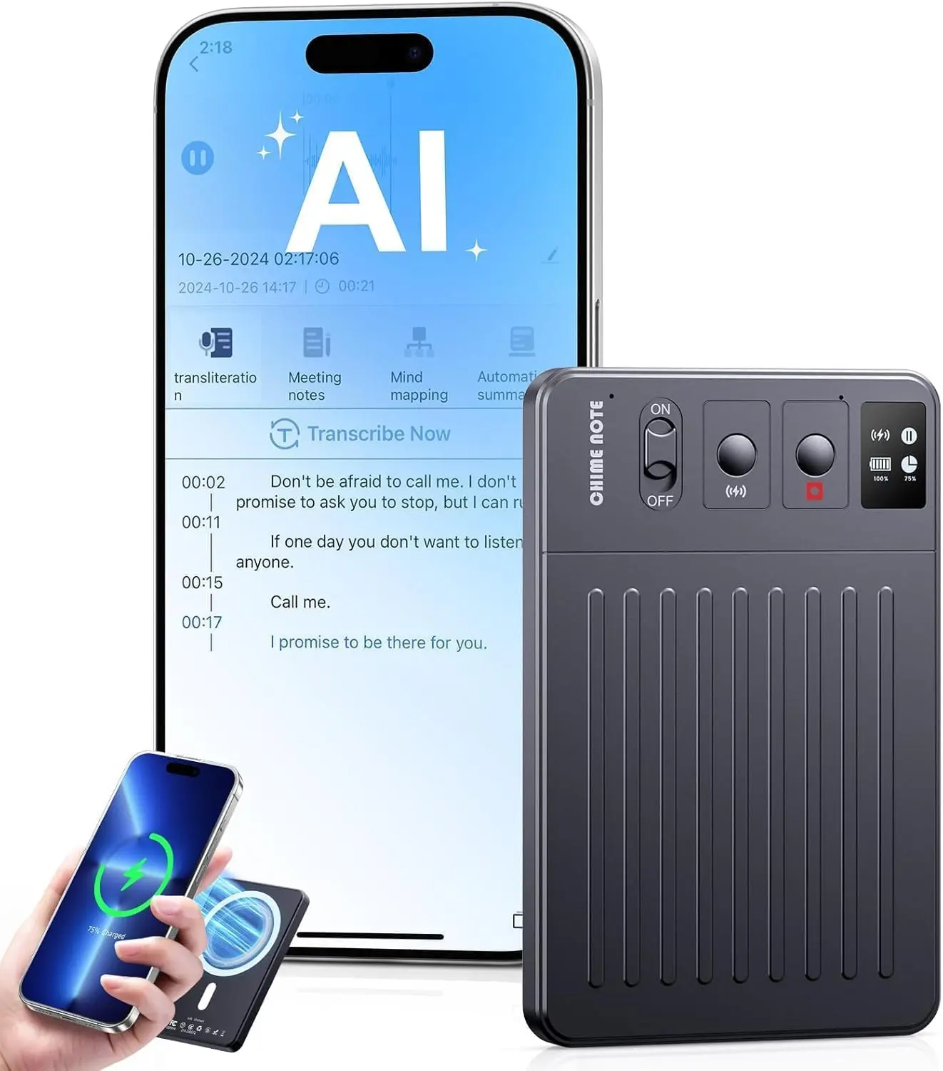 AI Voice Recorder, Digital Voice Recorder App Control, Transcribe & Summarize & Translation Empowered by ChatGPT, Wireless Charging, 121 Languages, 64GB Memory for Lecture, Meeting, Calls