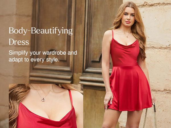 Popilush Sexy Shapewear Mini Satin Slimming Cocktail Dress Built-In Bra Square Neck Tummy Control#FallFreshness