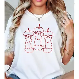 Apple Core Cat Graphic Tee, Cute Food Pet Casual Short Sleeve Top