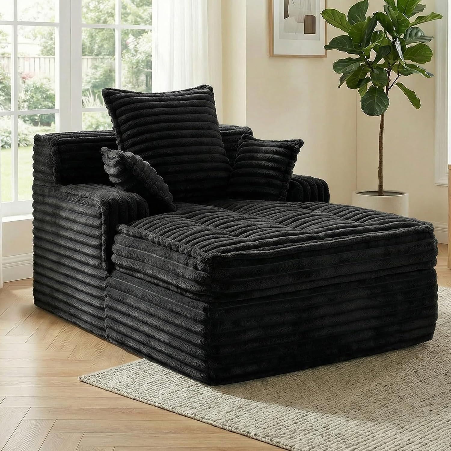 Winzoo Boneless Chaise Lounge Chair Indoor, Corduroy Small Boneless Sleeper Sofa with 3 Pillows & Wide Armrest, Fluffy Comfy Chase Lounge Indoor, Compression Boneless Couch for Living Room