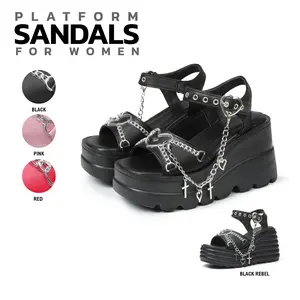 VIMISAOI Platform Sandals For Women Sweet Gothic Punk Fashion Heart Chain Buckle Comfort Square Toe High Slope Heel Wedge Sandals gifts for her