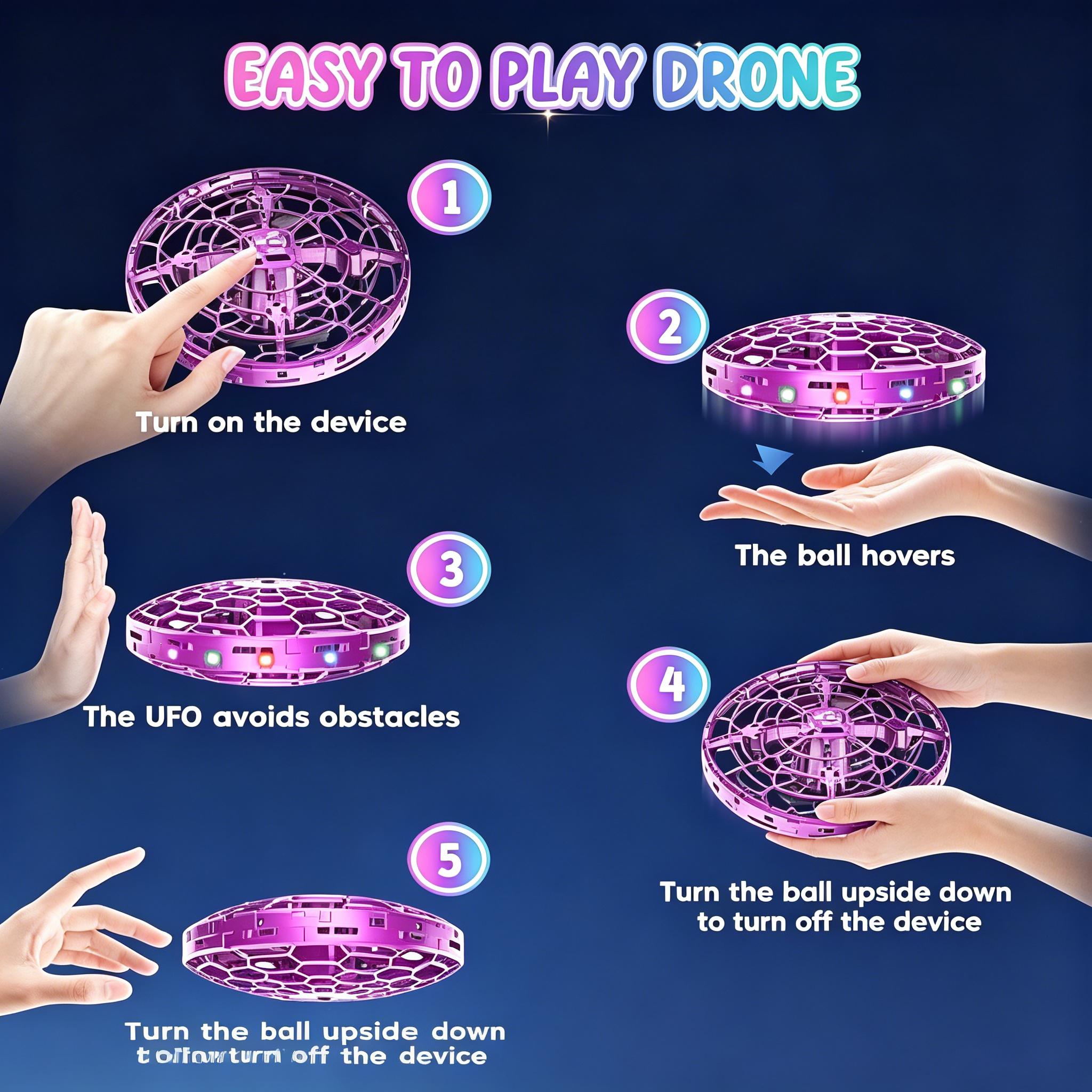 Kids Hand Operated Flying Toy Drone, 360° Motion Sensor Mini UFO Drone with LED Lights, Hands-Free Indoor Flying Ball Toy for Boys Girls Ages 6-10+ (Pink) （ / ）