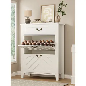 31.5" Tall Shoe Storage Cabinet, Freestanding Shoe Rack with 2 Flip Drawers and Adjustable Shelves, Space-Saving Organizer for Entryway, Closet, Hallway, Wooden Shoe Bench with Storage Drawers