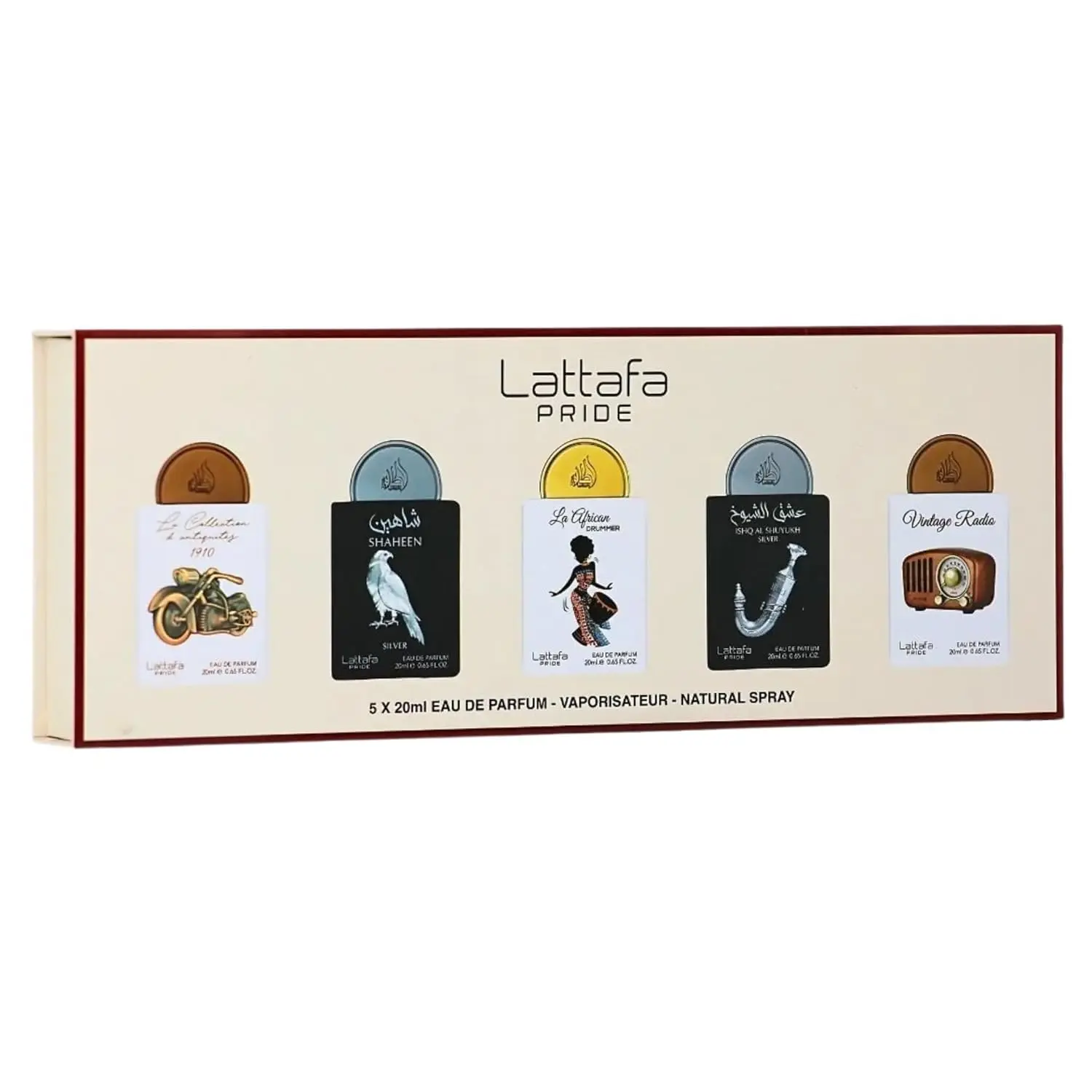 Lattafa Pride Discovery Set 1 | 5 x 20ml Eau De Parfum Spray | Bike 1910, Shaheen Silver, African Drummer, Shuyukh Silver & Vintage Radio | Luxury Fragrance Set for Men and Women (Unisex)