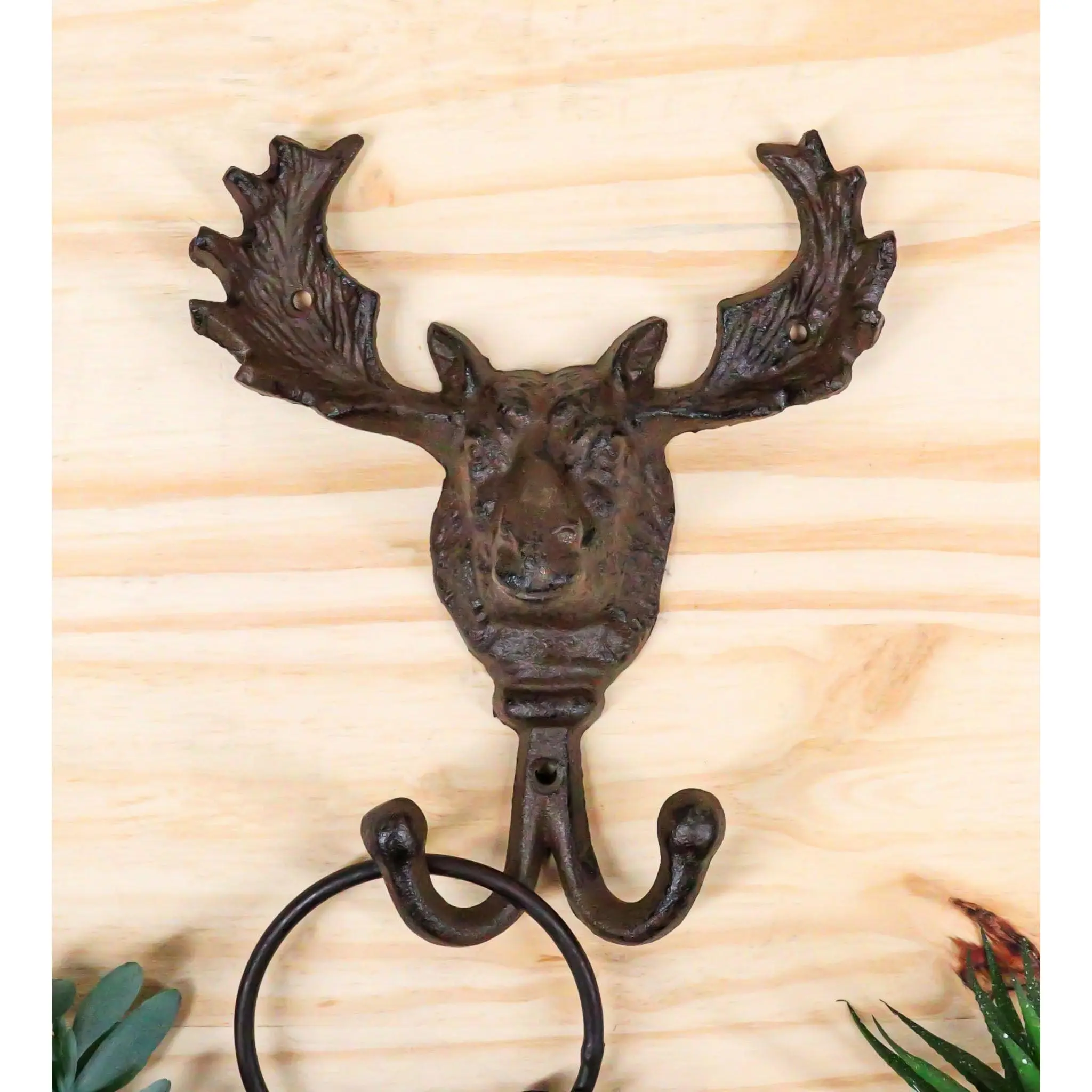 Handcrafted Bronze Cast Iron Western Rustic Bull Moose Antler Wall Mount Double Hook Plaque - Nature-Inspired Home Decor for Front Entry, Game Room, Ideal Gift to Organize More Articles (Home Supplies, Hooks & Shelves)