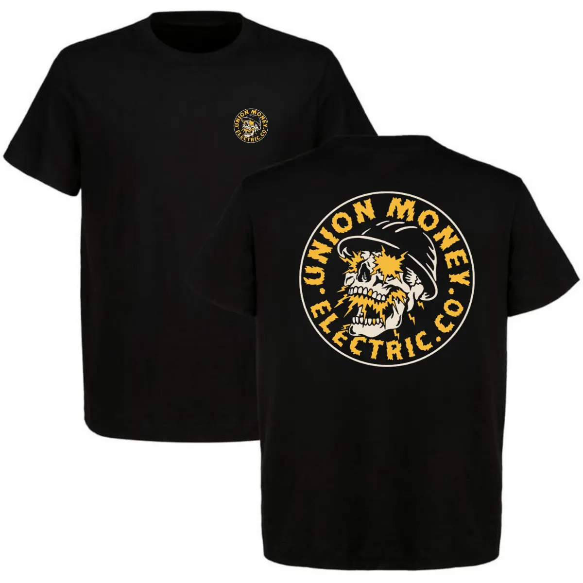 Union Money Electric Co Lightning Skull T-Shirt |   Yellow Voltage Flash Energy Skeleton Hardhat Top |   Hardcore Powerline Worker Technician Mens Heavyweight Apparel Style