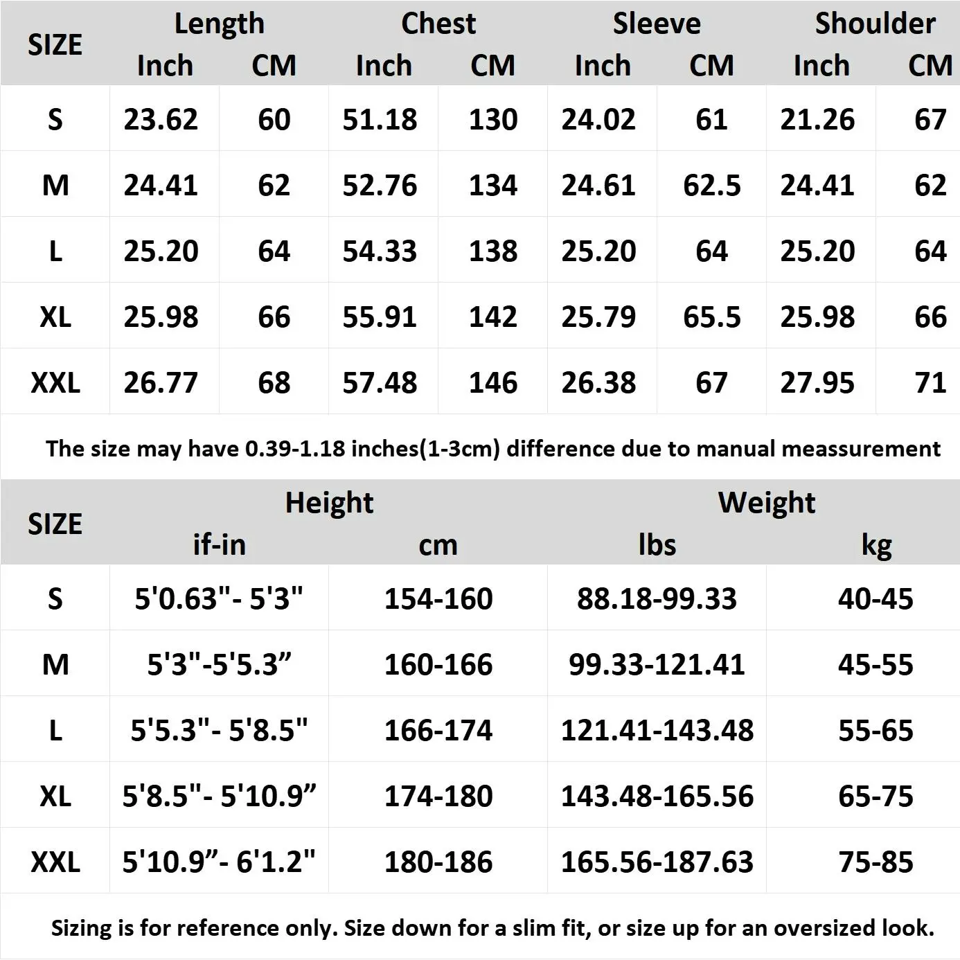 Size chart (please do not order)