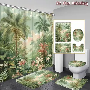 4PCS Tropical Paradise Shower Curtain set, Pastel Hued Jungle and Floral Bathroom Decor, Accessories with Bath Mat, U-shaped Mat, Toilet Lid Cover, 12 Hooks 180x180cm Curtain, Tropical Aesthetic, Home Decor, bathroom accessories