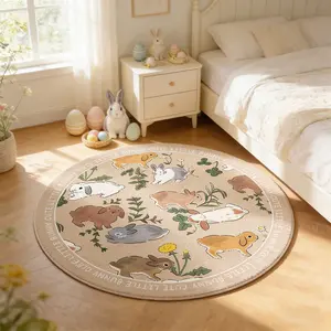 Cute Bunny Round Carpet for Bedroom, Soft Plush Foot Pad, Easter Rug for Young Adults, Hand Wash Only, Suitable for Living Room