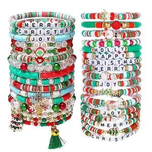 12/18pcs Mix Christmas Themed Stretch Bracelets Set - Cute Party Jewelry with Santa, Snowman, And Tree Charms - Festive Polymer Clay Bracelets for Holiday Celebrations, All-Season Accessory