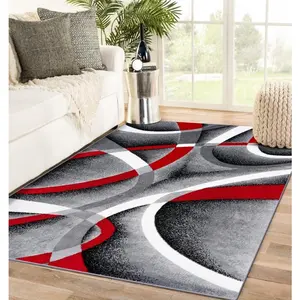 Modern Geometric Red Grey White Flannel Area Rug - Abstract Swirl Wave Print Soft Mat for Living Room & Bedroom, Non-Slip Contemporary Home Decor #GeometricModernRug #RedGreySwirlMat #LivingRoomContemporaryDecor #AbstractWaveCarpet #NonSlipFlannelRug