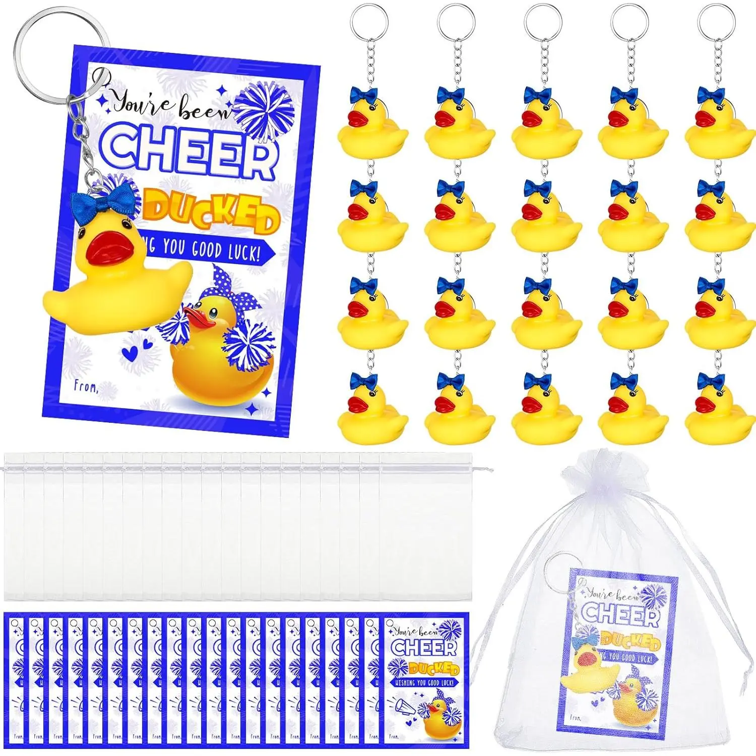 Blue Synthetic Cheer Duck Party Favors Set (20-Piece) - Inspirational Quote Tags, Bows, Organza Bags for Cheerleader Teams, Festive Party Gifts (Blue and White)