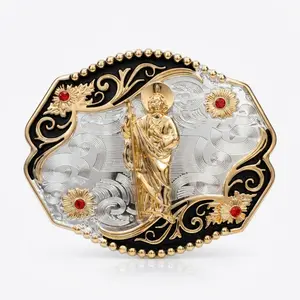 San Judas Tadeo Western Belt Buckle – Saint Jude Catholic Hebilla Vaquera Rodeo Belt Buckle Vintage Gold Silver Cowboy Gift Fits 1.6 Inch Belt