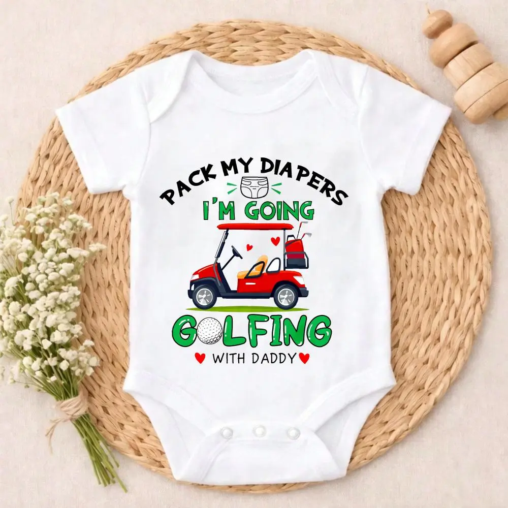 Funny Baby Bodysuit Cotton Romper, Going Golfing with Daddy Graphic Print, Ultra-Soft Short Sleeve 1-Piece for Newborns, Baby Shower Gift, 0-3 Months, 12m, 18m, 0-3M