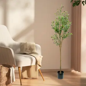 180cm Height Artificial Olive Tree With Lifelike Fruits And Natural Wood Trunk, Perfect For Modern Home, Office And Living Room Decor