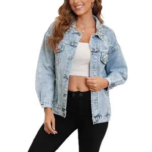 Kedera Pearl Beaded Denim Jacket for Women Button Down Oversized Jean Jacket Distressed Long Sleeves Cropped Casual Coat