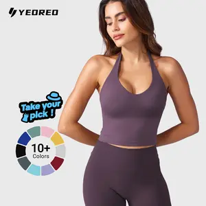YEOREO Womens Halter V Neck Padded Crop Tank Top Sleeveless Backless Hazel Camisole Trending Aesthetic Summer Fit Workout summervibes Fitness Tank Top Vneck Basic Womenswear