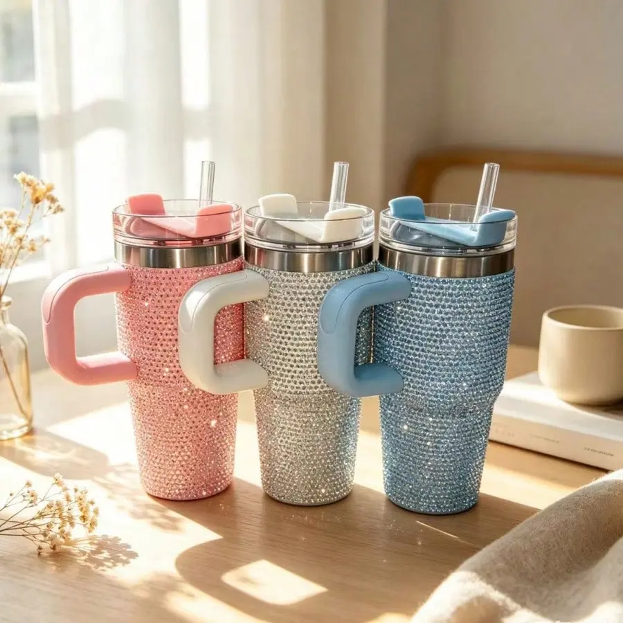 14 oz bling rhinestone stainless steel insulated tumbler with lid and straw, sparkly handheld travel coffee cup, leakproof reusable water mug for women and girls—ideal for car, gym, office, outdoor travel