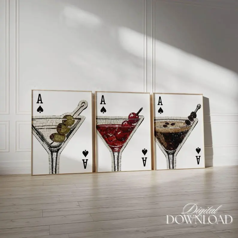 Ace Cherry Martini Digital Print Red Extra Dirty Mosaic Martini Cocktail Poster Minimalist Bar Cart Decor Trendy Printable Gallery Wall Art