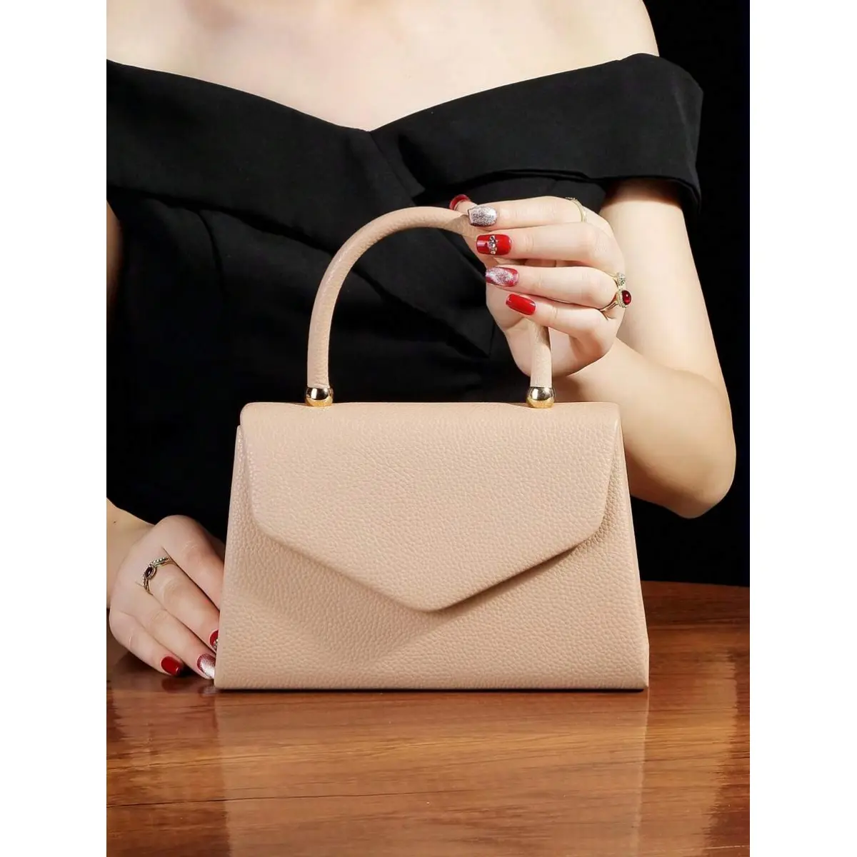 Women's Glamorous Apricot PU Box Bag Small Plain Flap Clutch With Top Handle & Chain Strap Elegant Evening Handbag For Parties Weddings Prom Dinners Formal Events, Bags For Women, Women Purses