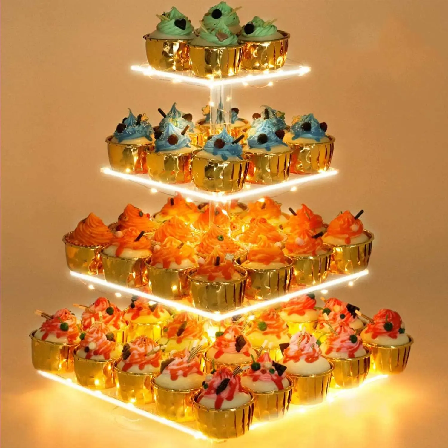 4 Tier Cupcake Stand Acrylic Tower Display with LED Light Premium Holder Dessert Tree Tower for Birthday Cady Bar Décor Weddings, Parties Events (Yellow Light) Decor Ornaments