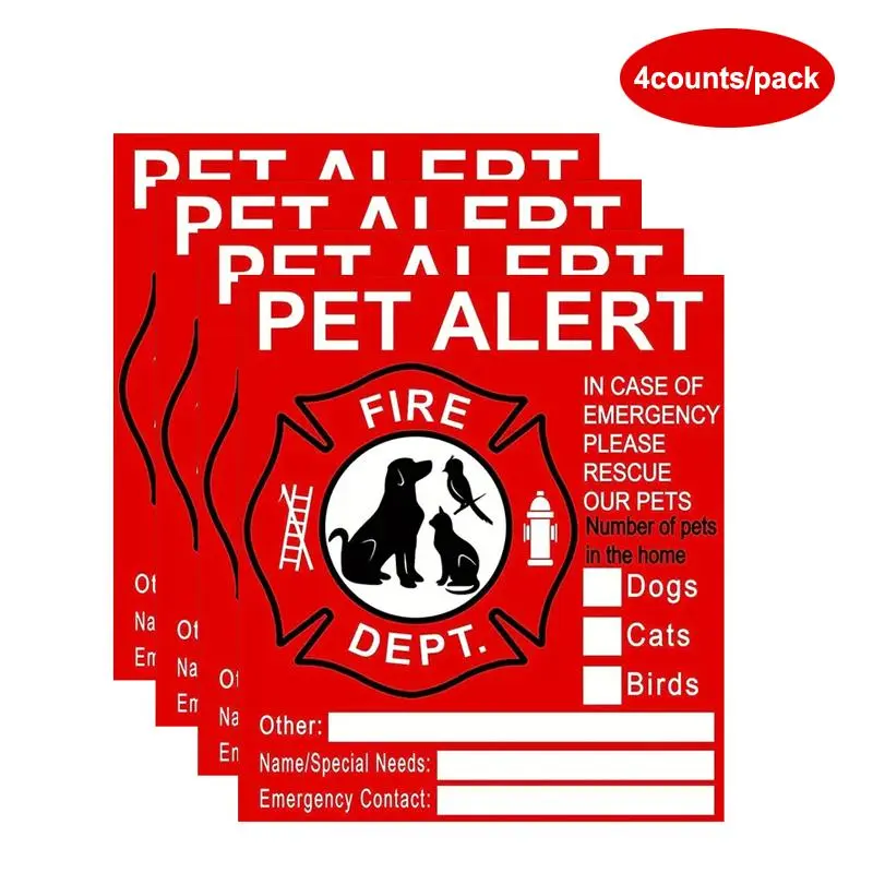 Pet Emergency Alert Sticker, Adhesive Stickers, Adhesive Decals, 4 Counts/pack Fire Department Firefighter Pet Emergency Alert Sticker, Pet Internal Label Sticker for Window, Door, House