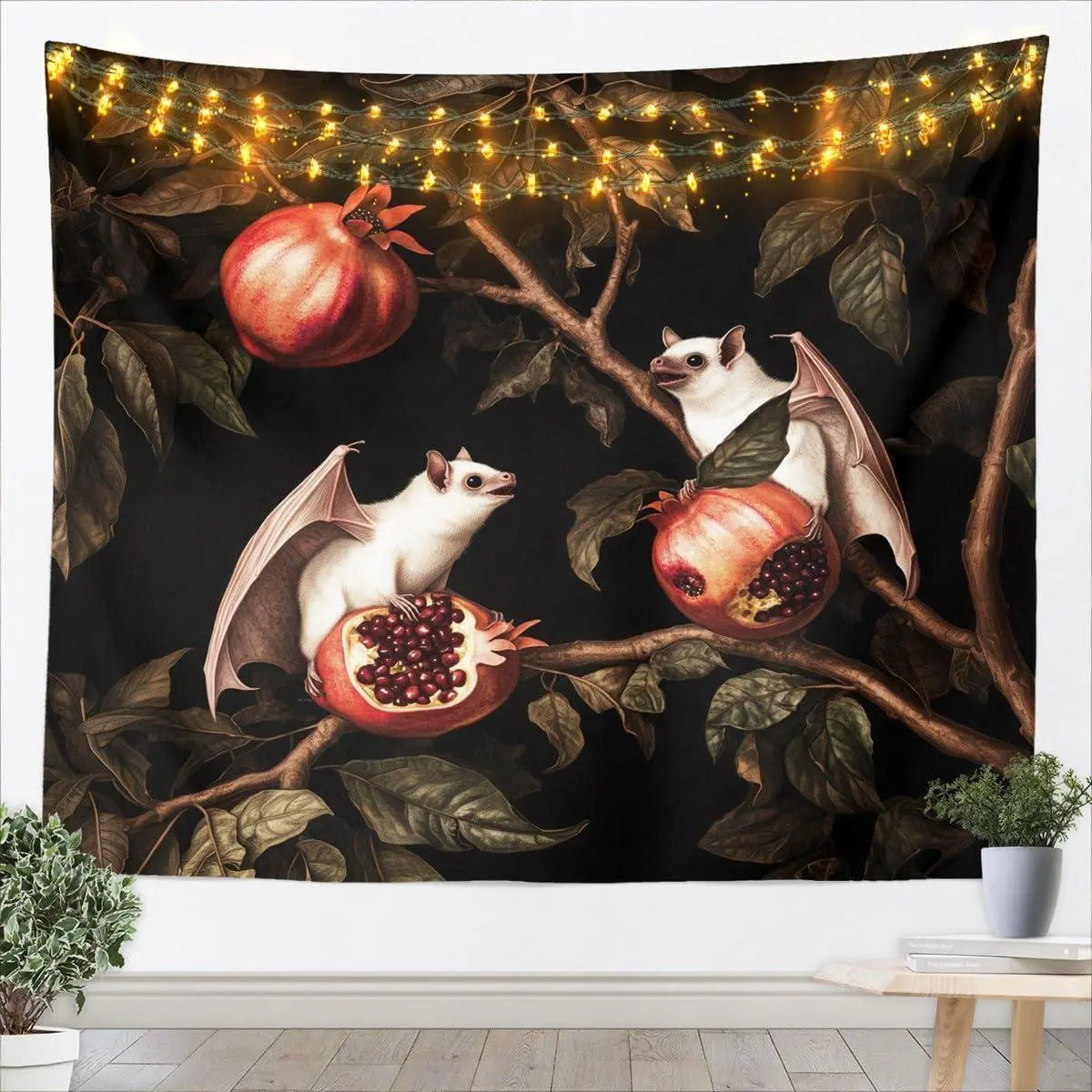 Pomegranates and Bats Tapestry Small Gothic Wall Art Boho Wall Hanging Blanket,Microfiber