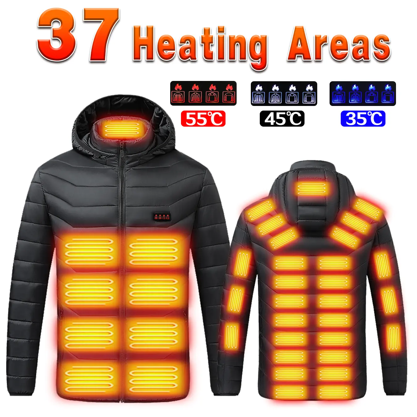 37 Heating Zones Heated Winter Jacket for Men Women, 4 Independent Heating Controls, 3 Adjustable Heat Settings up to 55°C, USB Powered Thermal Coat for Cold Weather Outdoor Activities, Camping, Hiking, Fishing and Hunting.