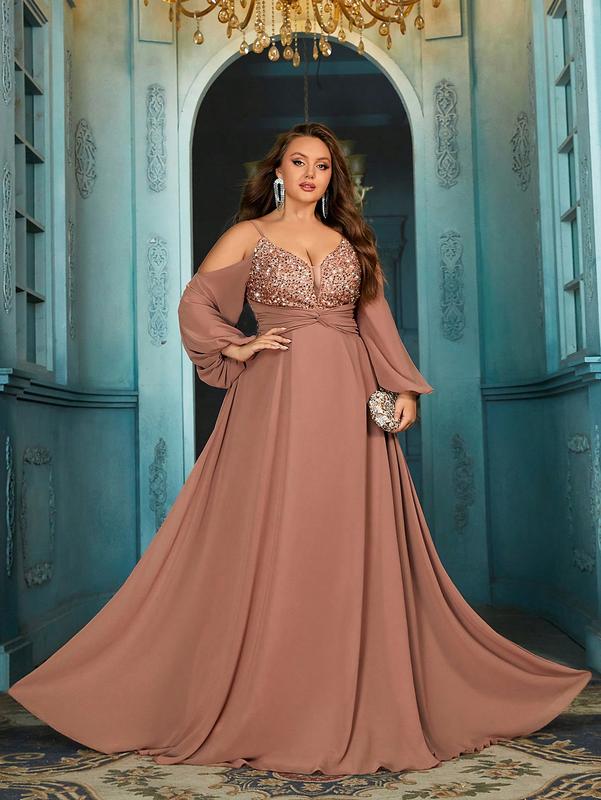 Women's elegant deep V-neck spaghetti strap sequin maxi dress,lantern sleeves chiffon dress, plus-size twisted waist A-line hem formal gown, holiday prom party dresses, wedding guest dresses, bridesmaid dresses,Champagne Color upscale cocktail dress