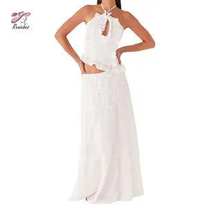 Women's 2 Piece Skirt Outfits Halter Neck Ruffle Trim Tops Long Flowy Skirt Set