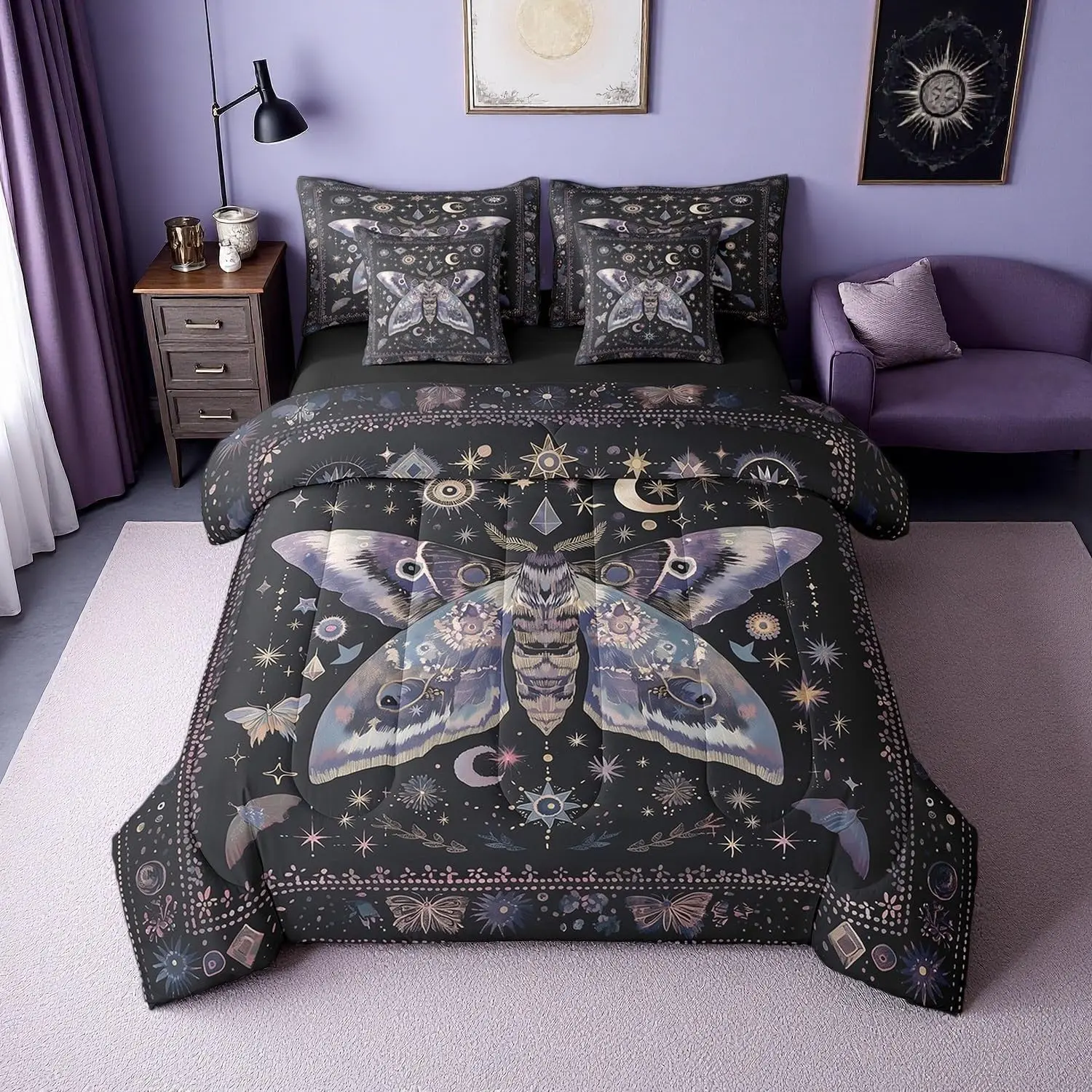 Feelyou Queen 7-Piece Soft Bedding Quilt Set - Black Boho Moth, Trippy Butterfly, Sun Moon Stars Gothic Decor, Microfiber Bedsheets Set, Queen Comforter, Multi-Size Option, Queen Comforter Set