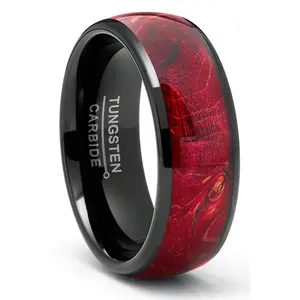 Men's Black Tungsten Ring Wedding Band Red Wood Burl 8MM Comfort-Fit