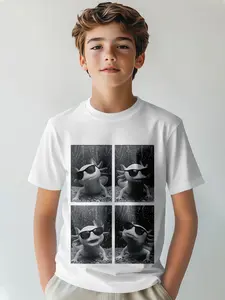 Boys Cool Hexagon Dinosaur Print T-Shirt, Children Sunglasses Four-Panel Cartoon Short Sleeve, Medium-Large Kids Top, Slim Fit Long Tee