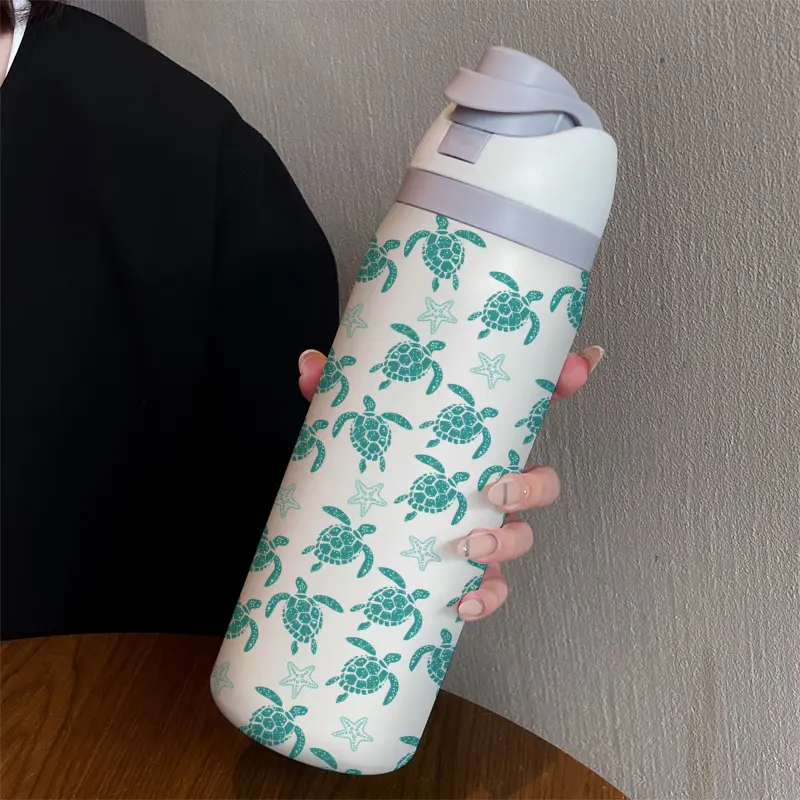 Sea Star Turtle 32oz Dual Drink Sports Water Bottle, Hydration Thermo Tumbler, 304 Stainless Steel Large Capacity Insulated Cup, Insulated Travel Drinkware, Perfect Gift for Women