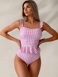 Pink White Gingham Ruffle One Piece Swimsuit – Square Neck Frill Strap Tummy Control Swimwear