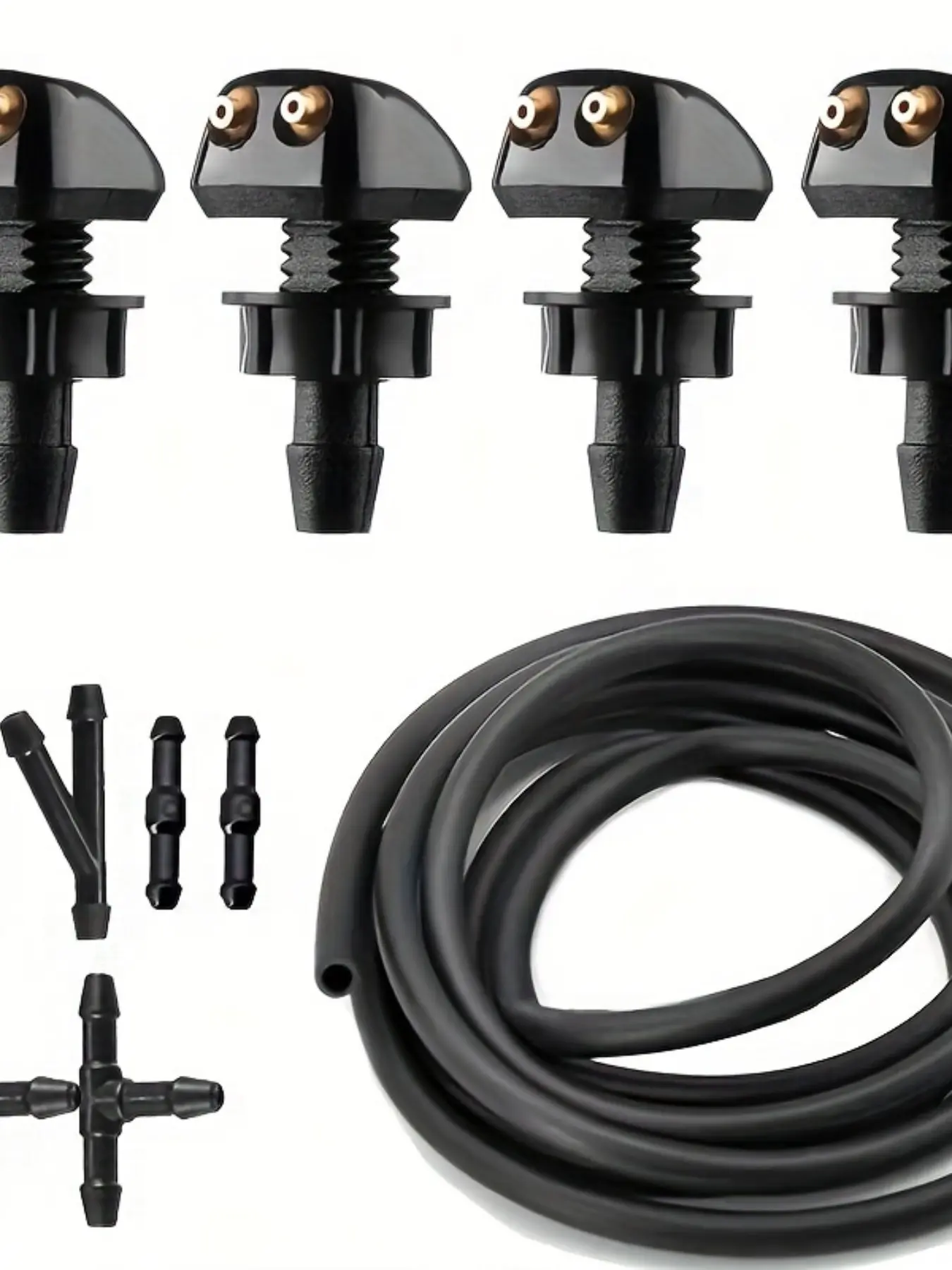 11-Piece Universal Windshield Wiper Spray Nozzle Replacement Kit, Water Spray Tool, Includes 78.74 Inch Hose, 6 Connectors, 4 Dual-Hole Nozzles, Quick Install