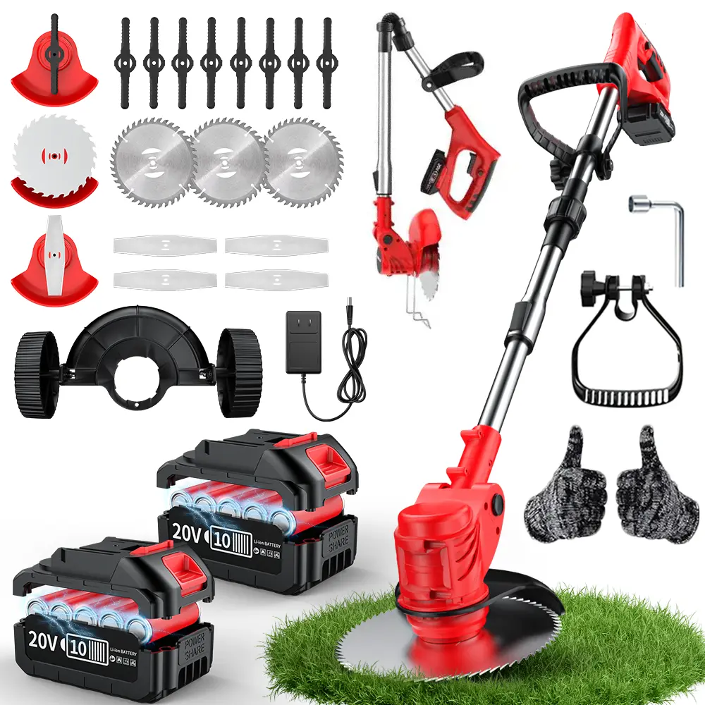 Home small portable electric lawn mower with 2 lithium batteries, three blade options, cordless handheld design for yard use, multifunctional weed trimmer