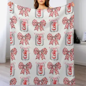 Coke Series Blanket, Soft Skin-Friendly Material, Vintage Style with Bow & Heart Ribbon Design, Perfect for Sofa, Bed, Office Naps, Bowknot design blanket