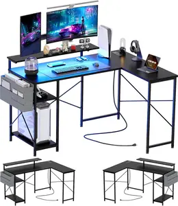 Black L-Shaped Modern Corner Computer Desk with LED Strip and Power Outlet, Modern Corner Desk