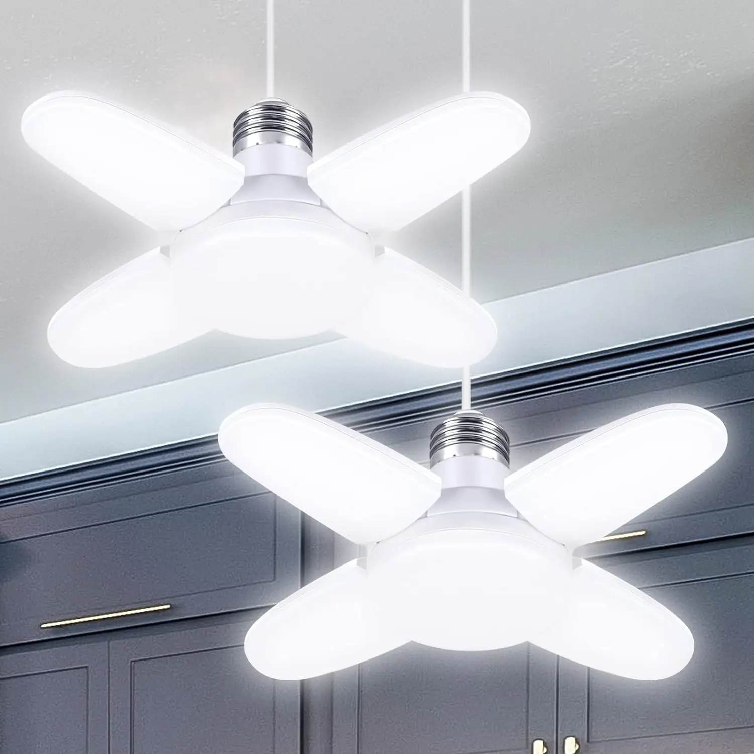 Dazone 2 Pack LED Garage Lights E27 Base, Deformable Ceiling LED Shop Lights 6500K for Basement Warehouse Workshop