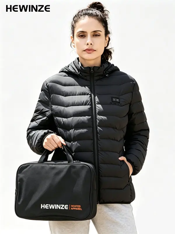 HEWINZE Men's Classic Lightweight Packable Hooded Heated Medium Coat - 5V 10000mAh Battery, Insulated Thermal, Windproof, Dual Control 5 Heating Zones, Zip Long Sleeve, Breathable Bubble Cotton, Elastic Cuff Outerwear for Running, Travel